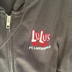 Fun Lulu's Black Zip Hoodie with Red & White Logo